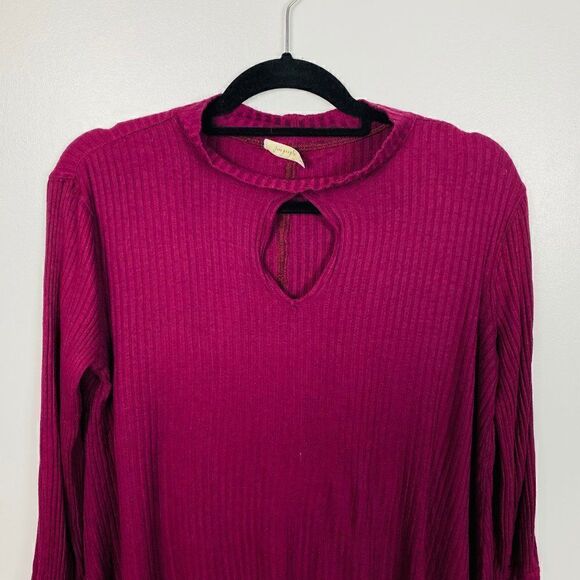 Free People Womens Size Small Maroon Ribbed Knit Keyhole Mock Neck Top - Picture 2 of 5
